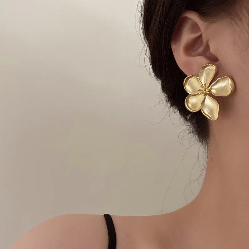 Gold Matte Texture Metal Flower Earrings for Women Girls Party Jewelry Gift