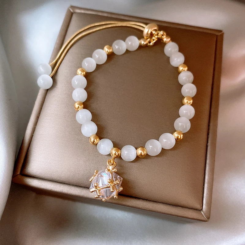 Women’s Cat Eye Stone Bead Bracelet Rhinestone Crystal Pendant Adjustable Jewelry