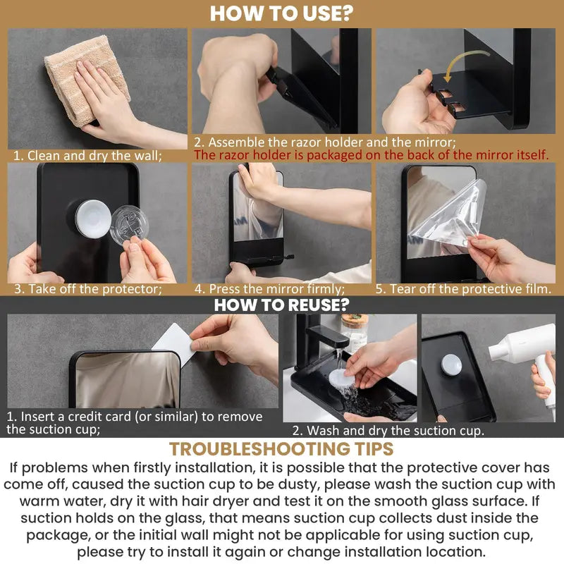 Fogless Shower Mirror with Razor Holder, Reusable Suction Bathroom Mirror