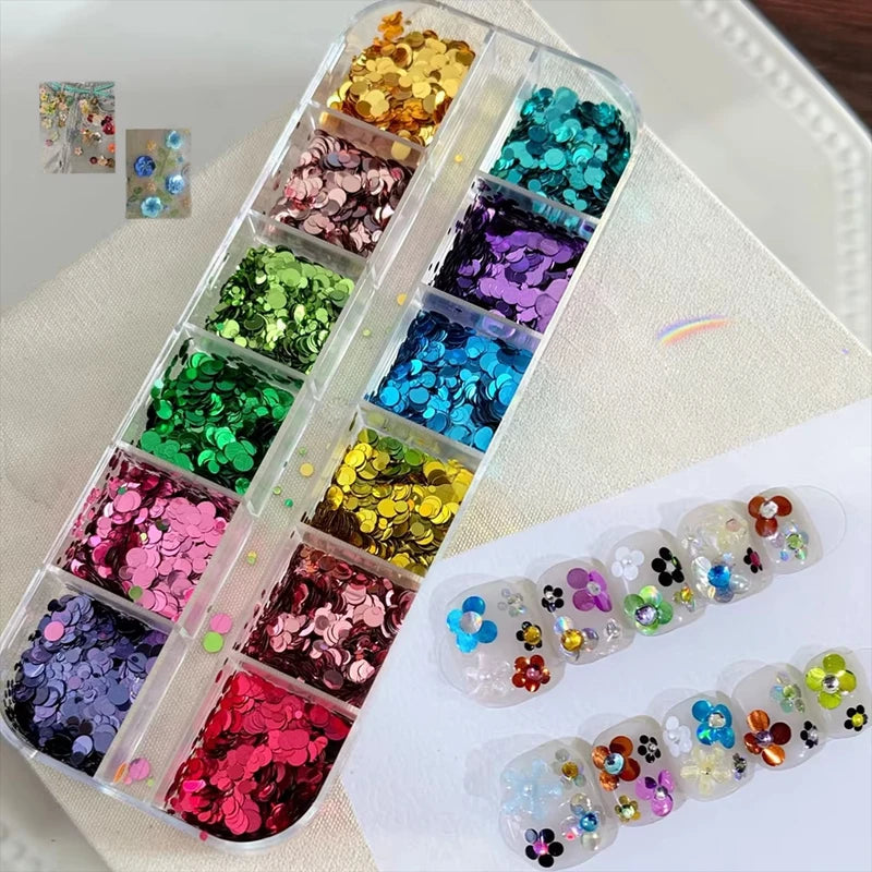 3D Flower & Polka Dot Nail Art Sequins Set - Multiple Colors, 12 Grids, 1-3mm Glitter Flakes for Manicure