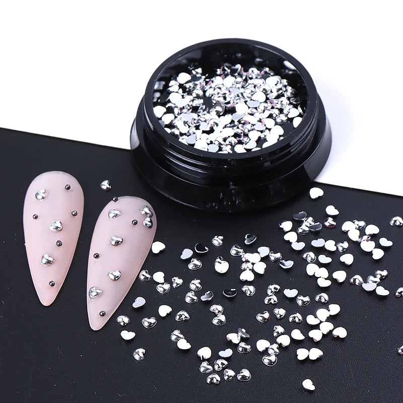 Silver Heart Nail Charms 3D Metal Flat Love Nail Art Decorations Set