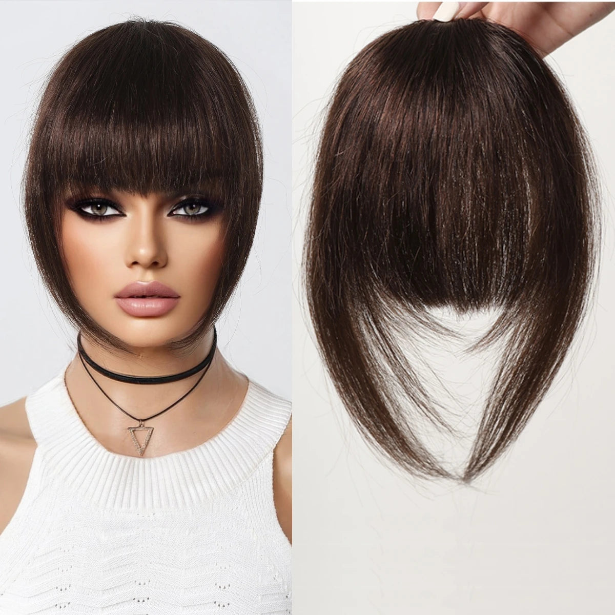 Clip-In Human Hair Bangs for Women - Natural Black & Brown Styles, Easy Wear, Reusable