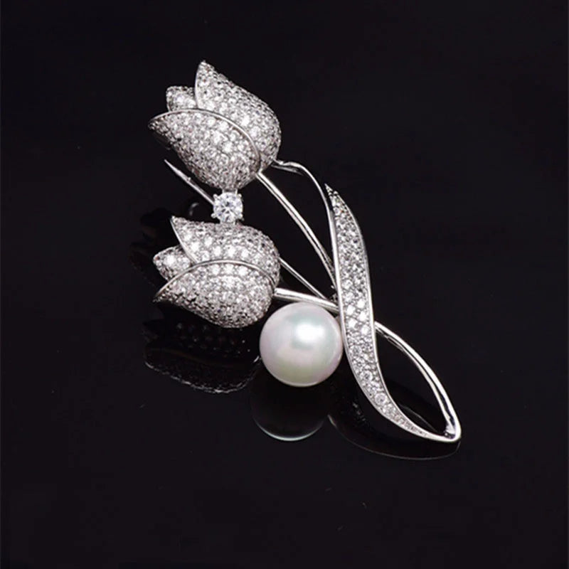 Luxury Tulip Flower Brooch with Rose White Stone - Elegant Jewelry Accessory