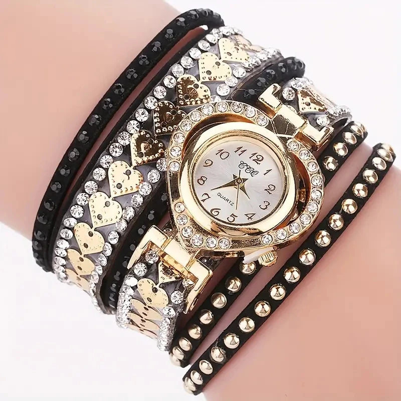 Fashion Rhinestone Heart Dial Women’s Watch with Velvet Band