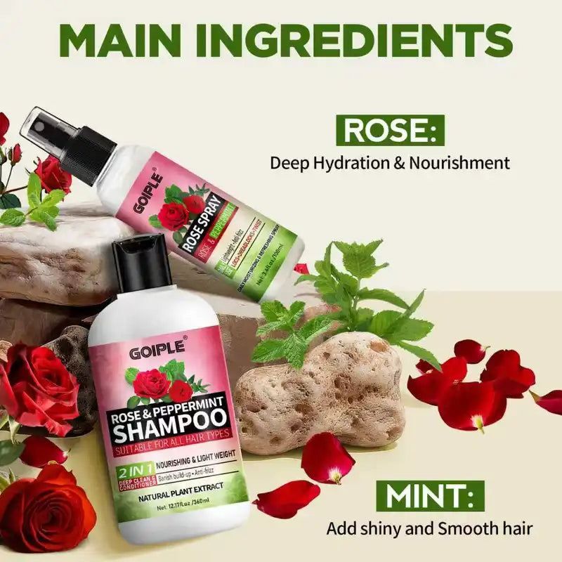 2-in-1 Rose & Peppermint Hair Shampoo and Spray Set for Locs & Twists - Deep Clean, Anti-Frizz, Scalp Relief