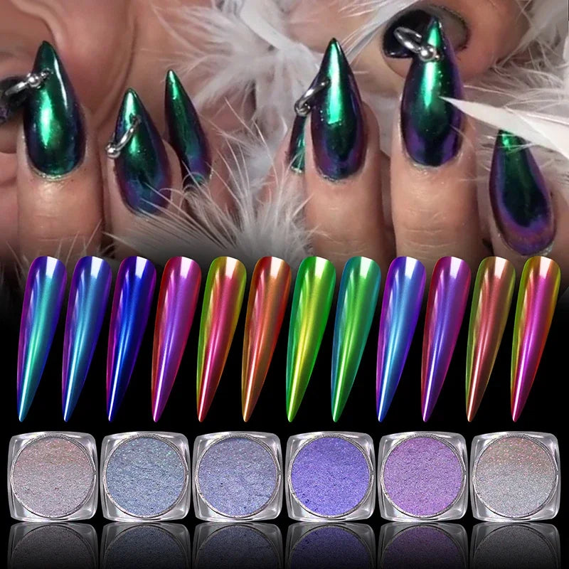Chameleon Mirror Powder Nail Glitter Set - Holographic UV Gel Dust for Nail Art