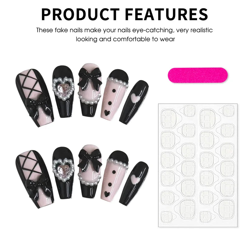 3D Fake Nail Set with Ribbon Bow Design - 10 pcs Colorful Press-On Acrylic Nails