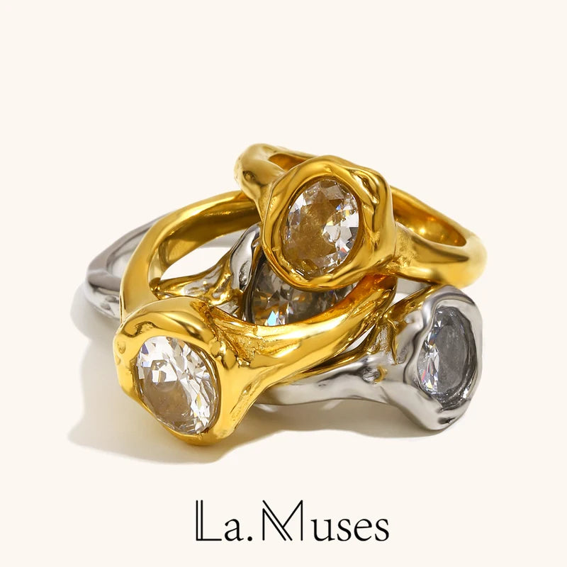 Luxury Zircon Women's Ring - Irregular Stainless Steel, Gold Plated Jewelry