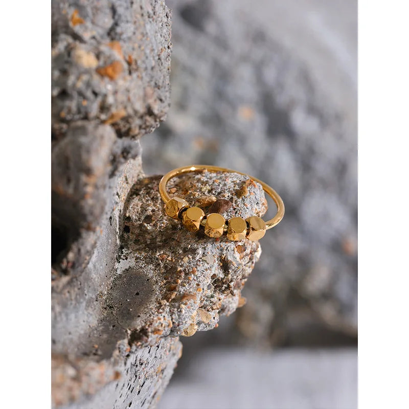 Stainless Steel Square Beaded Ring for Women - Gold Silver Color Jewelry