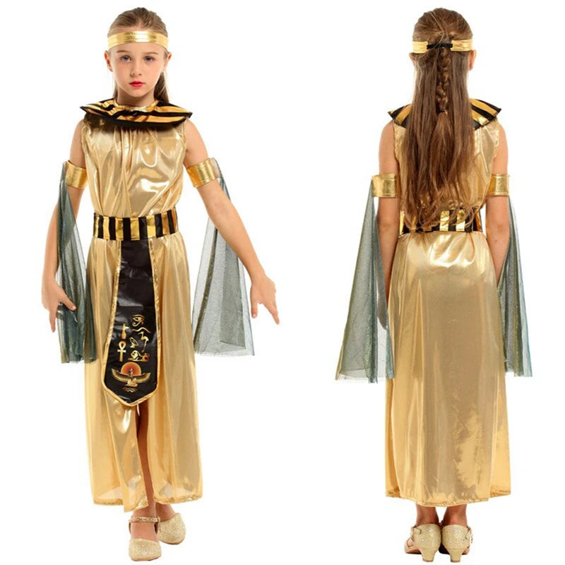 Children's Halloween Costume Girls Masquerade Golden Egyptian Princess Dress for Themed Party