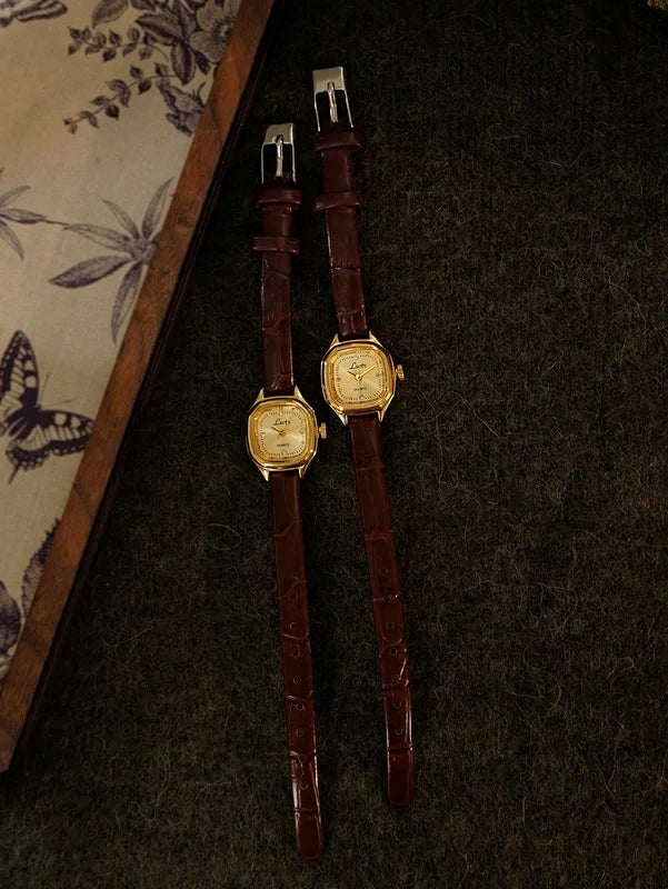 Mini Gold Square Dial Women's Wristwatch - Vintage-Style, Water-Resistant with Leather Band