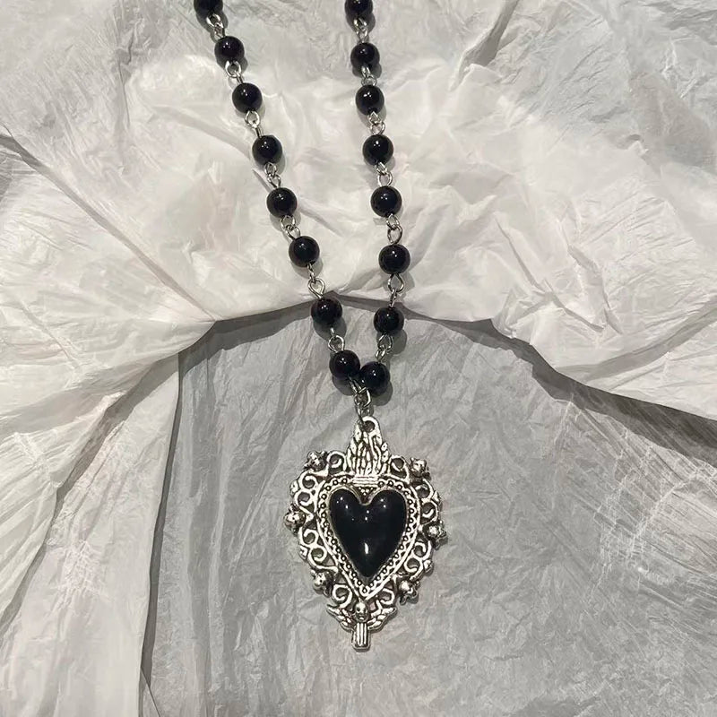Gothic Bat Cross Pendant Necklace Y2K Personalized Black Bead Stacked Jewelry