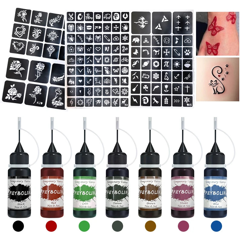 Temporary Tattoo Ink Set with 3 Sticker Kits - Long-Lasting Face & Body Art Gel