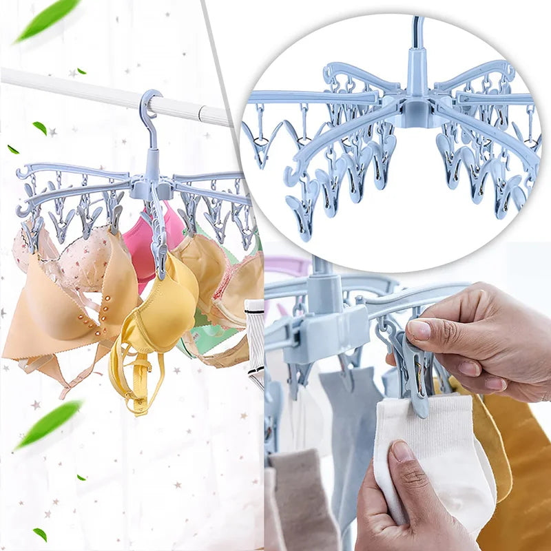 Foldable 24-Clip Rotating Clothes Dryer Rack for Socks and Underwear