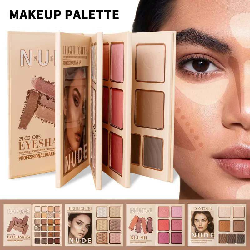 43-Color All-in-One Makeup Palette Set - 4-Layer Book Design for Eyeshadow, Blush, Contour & Highlighter