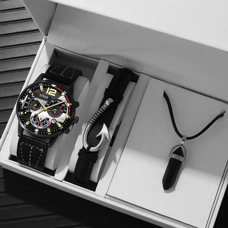 Men's Fashion Quartz Watch Set with Leather Strap and Calendar - Multiple Colors