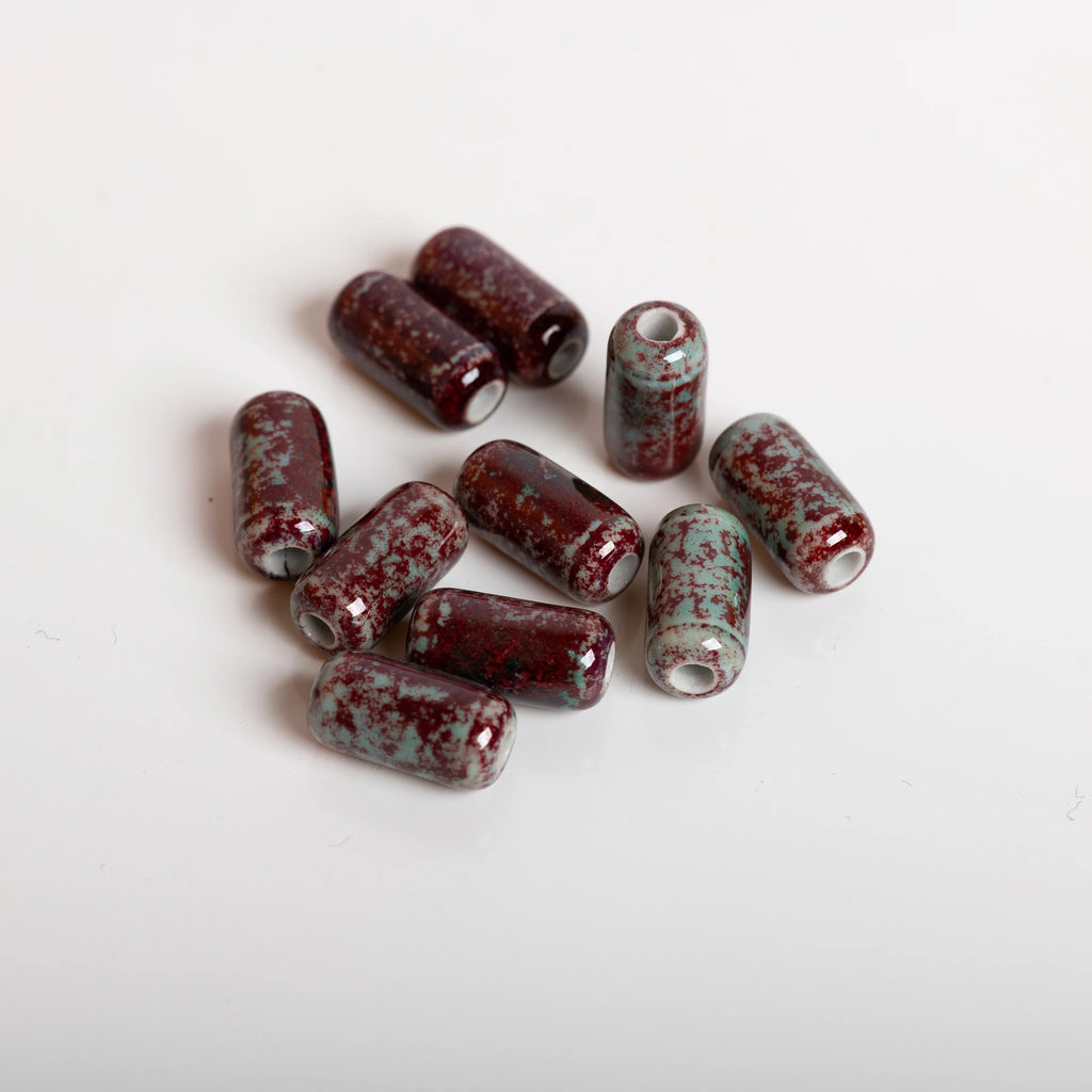 Small Cylindrical Ceramic Beads for Jewelry Making - 10pcs Handmade Pendant Material