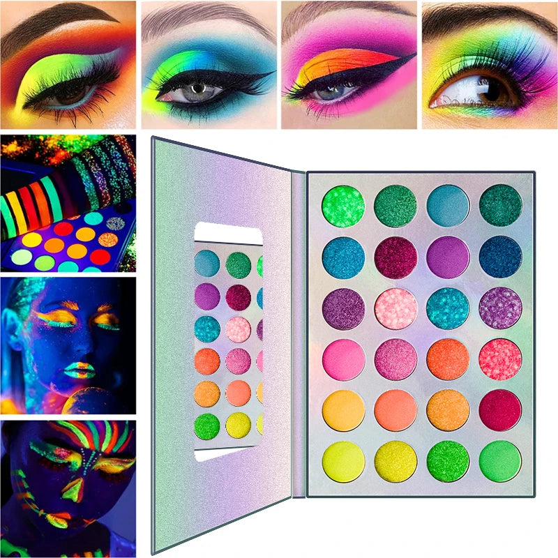 24-Color Neon Rainbow Eyeshadow Palette UV Fluorescent Matte Glitter Waterproof