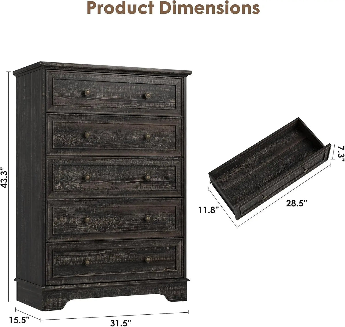 Farmhouse 5-Drawer Dresser Tall Cabinet for Bedroom Living Room Hallway Storage