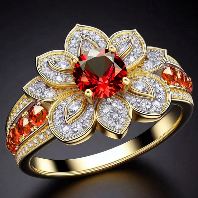 Gold Color Flower Ring with Purple Cubic Zirconia - Engagement & Party Jewelry