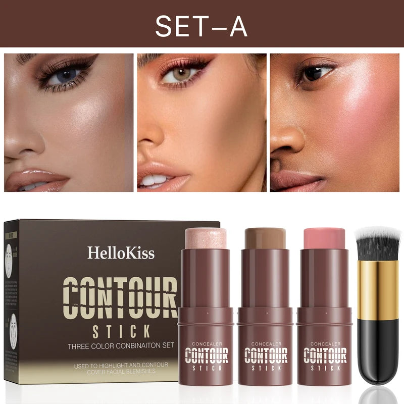 4-Piece Contour Stick Makeup Set with Highlighter Blush Bronzer & Golden Powder Brush - Waterproof Cream for All Skin Tones, Shimmery
