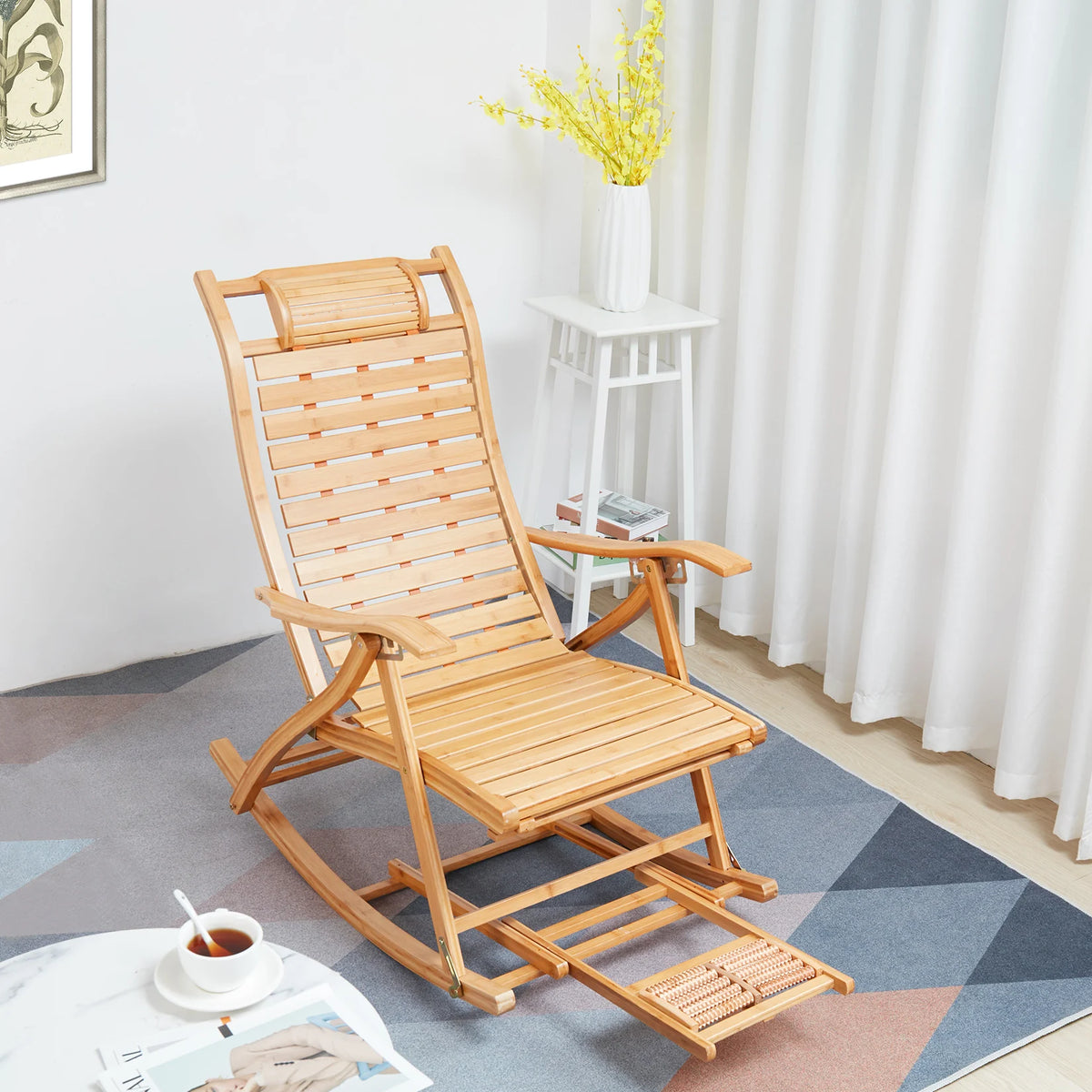 Heavy Duty Folding Bamboo Rocking Chair Indoor Outdoor Lounge Sun Lounger
