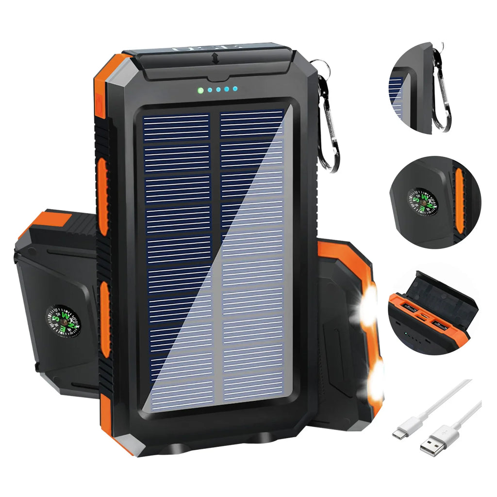 10,000mAh Solar Power Bank with Dual USB & Type C, Flashlight & Compass