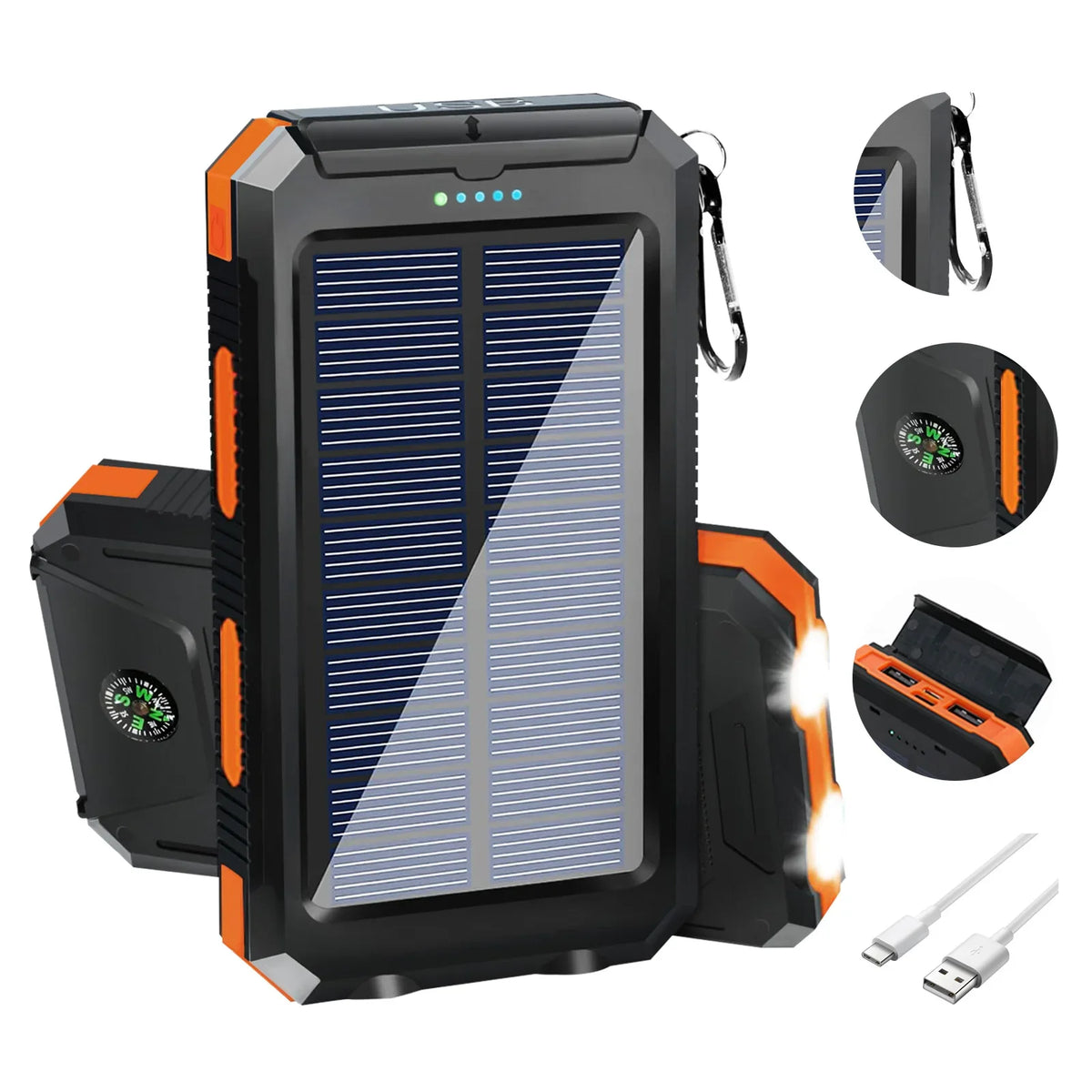10,000mAh Solar Power Bank with Dual USB & Type C, Flashlight & Compass