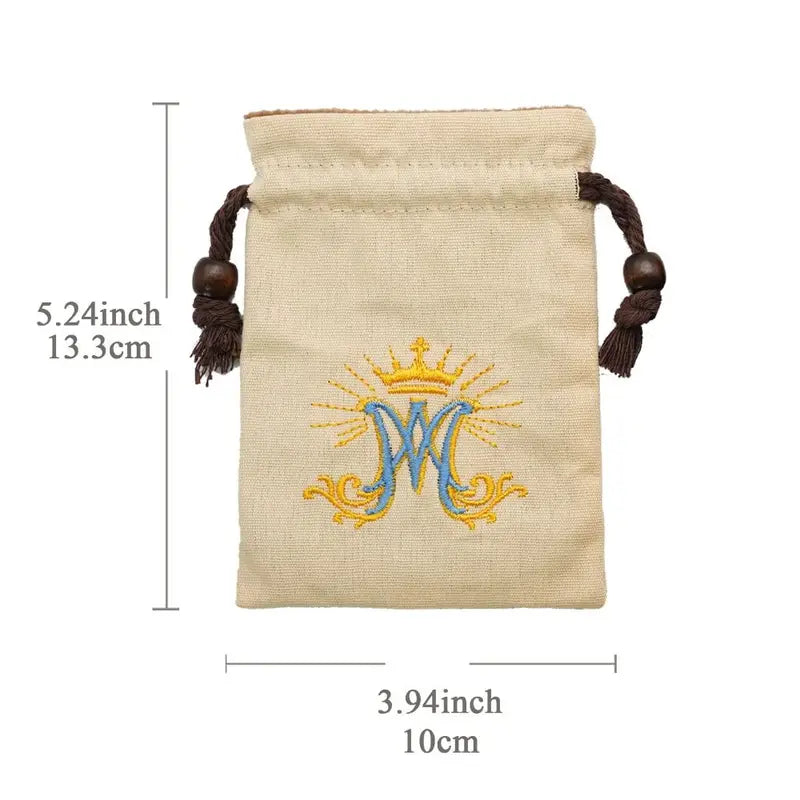 Catholic Rosary Drawstring Pouch - Cotton Canvas Reusable Embroidered Holder