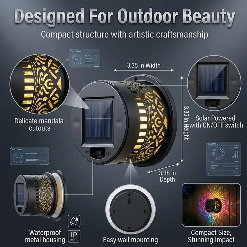 Solar Mandala Wall Light Outdoor Garden Fence Projector Lamp Waterproof Decor