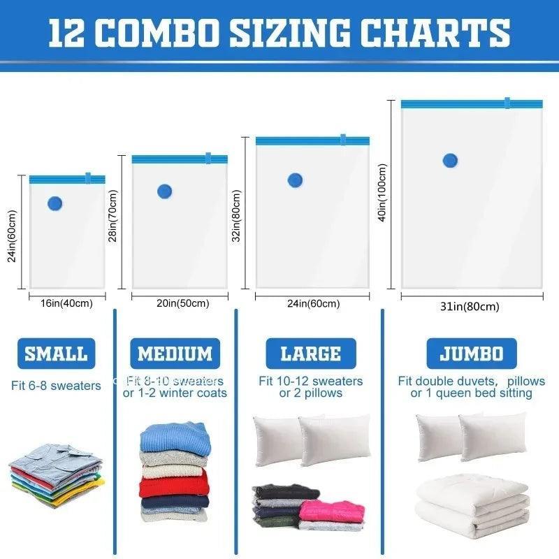 Vacuum Compression Storage Bags for Clothing and Bedding - Large Capacity, Airtight, Reusable