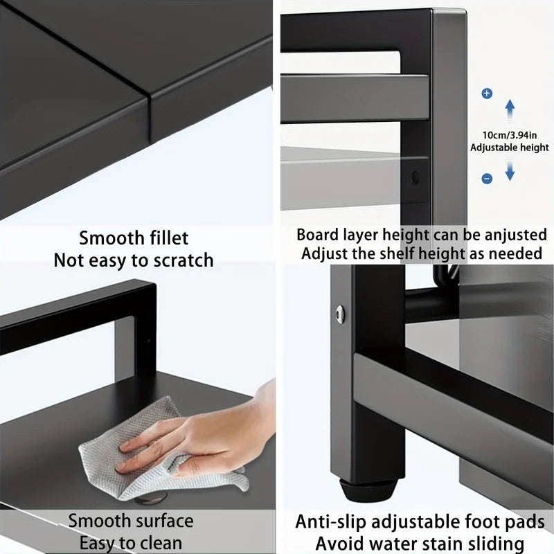 Expandable Microwave Shelf with Hooks, Space-Saving Kitchen Storage Rack 40-64cm