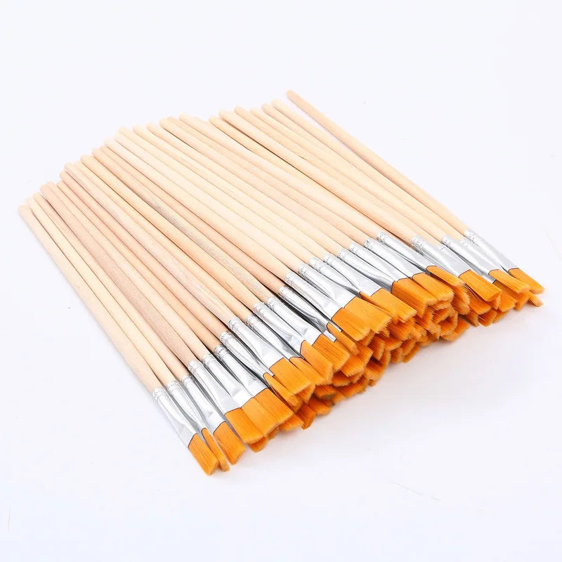 DIY Paint Brush Set 10/50/100Pcs Nylon Flat & Tip Brushes with Wooden Handles