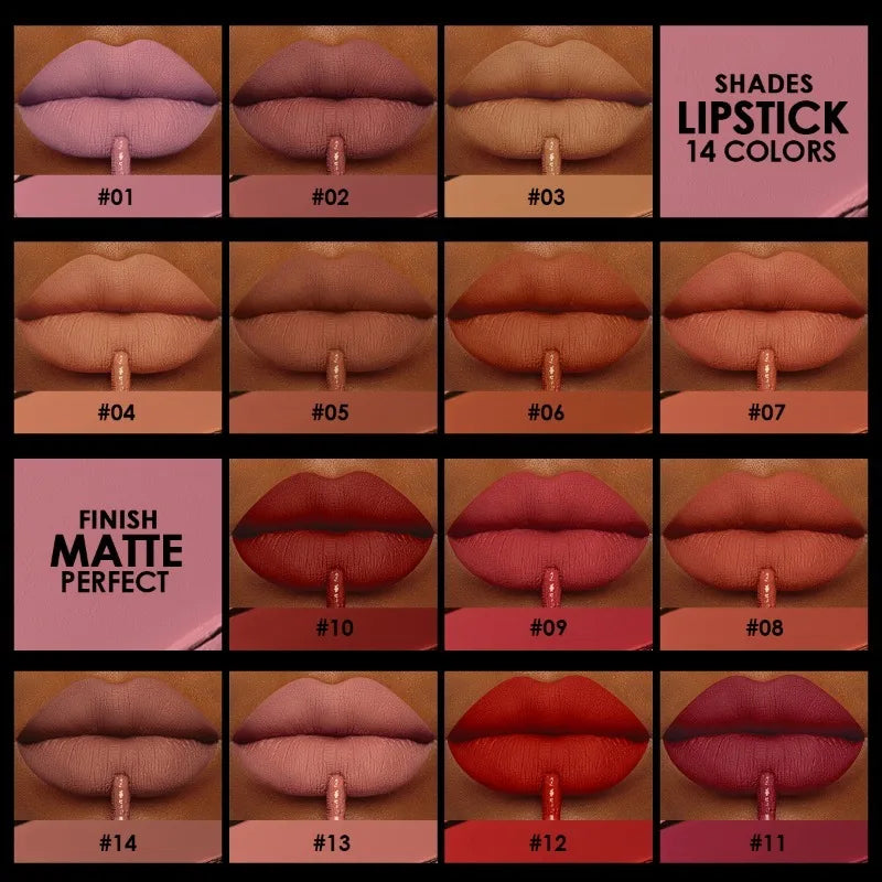 Waterproof Lipstick Set with 14 Colors Long-Lasting Gloss Non-stick Lip Makeup