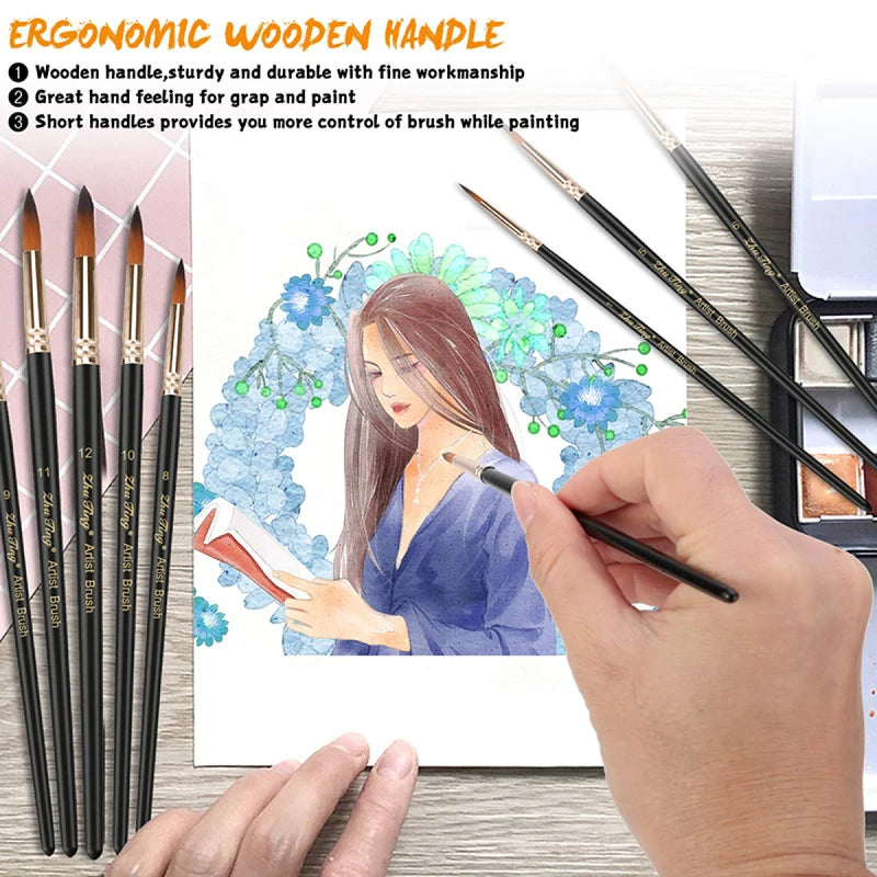 12-Piece Professional Paint Brush Set - Nylon Hair Acrylic Watercolor Oil