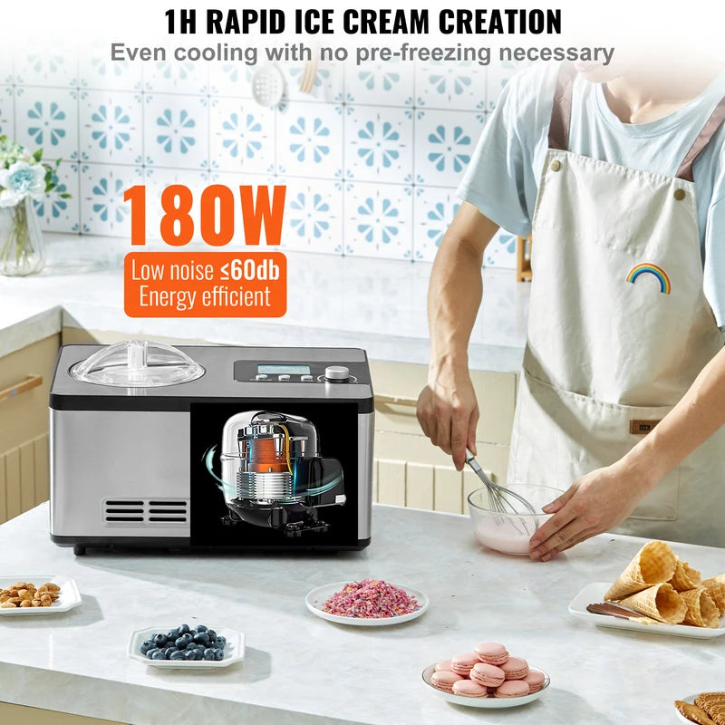 Automatic Ice Cream Maker 2QT with Built-in Compressor, No Pre-Freezing, Multiple Modes