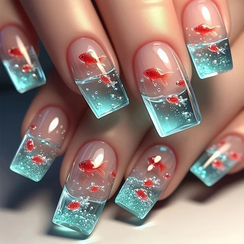 Medium Long Square Fake Nails for Women Summer Fish Design Full Cover Press-On Acrylic Nails