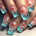 Medium Long Square Fake Nails for Women Summer Fish Design Full Cover Press-On Acrylic Nails