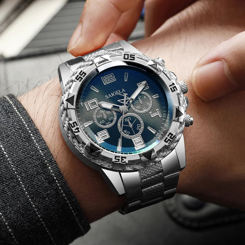 Men's Fashion Quartz Watch Set 4pcs Steel Band Arabic Dial Waterproof