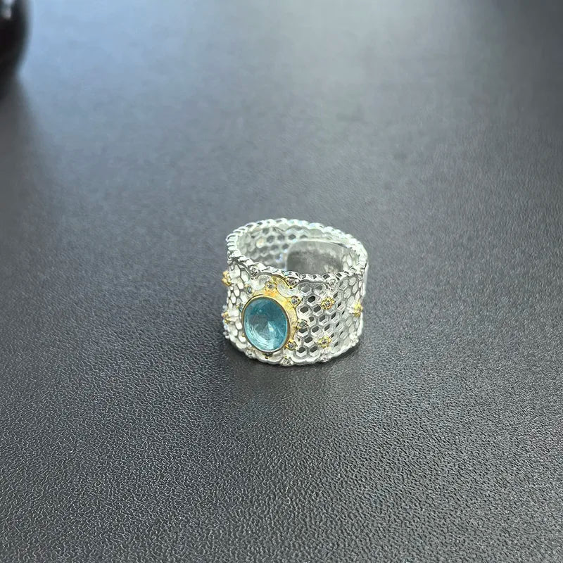 Vintage Sterling Silver Topaz Ring for Women - Gift Jewelry with Lace Hollow Design