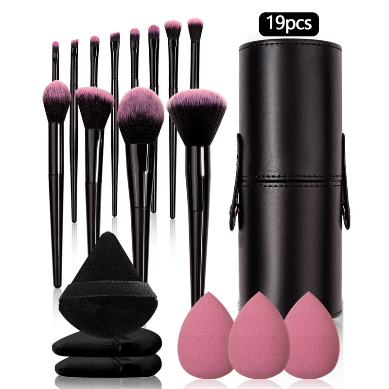 19-Piece Makeup Brush Set with Powder Puffs and Storage Bucket - Color Variations