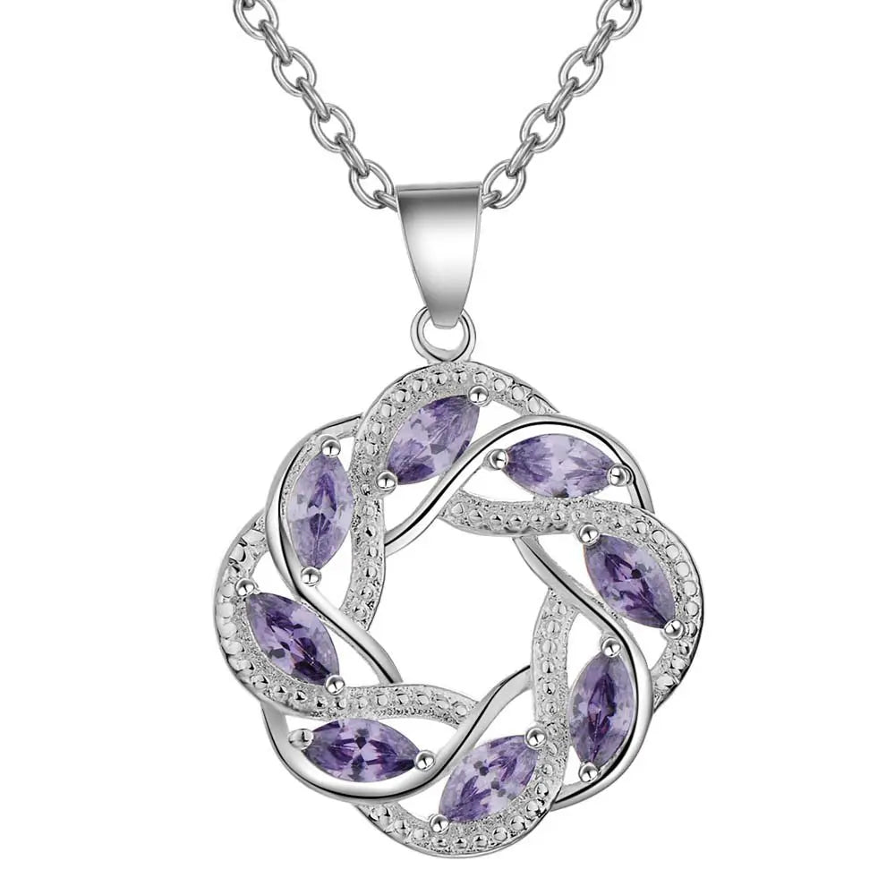 Sterling Silver Necklace Pendant with Purple Zircon for Women Wedding Engagement Jewelry