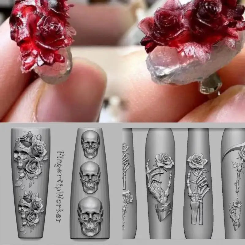 Silicone Nail Art Mold Skull Rose Flower Skeleton Hand Design DIY Craft Tool