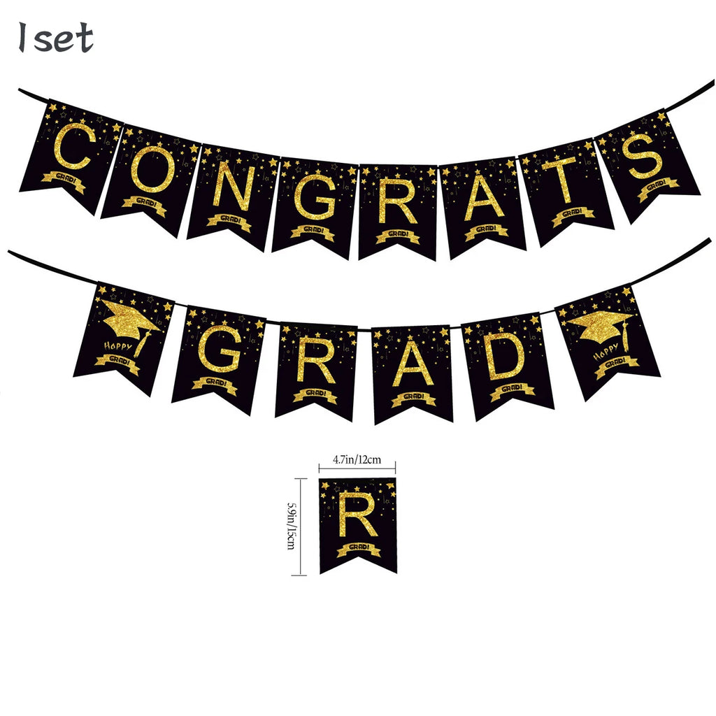 Graduation Hat Star Banner Hanging Decorations - Black Gold Party Ornaments