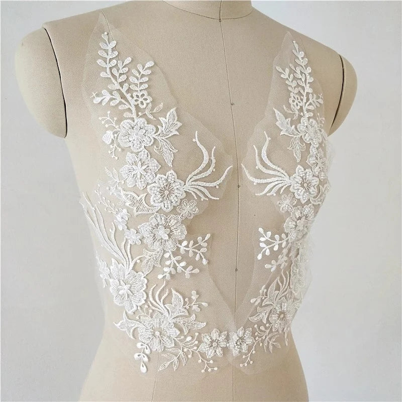 Wedding Dress Decorations with White Lace Flowers, 38x18cm, Pair