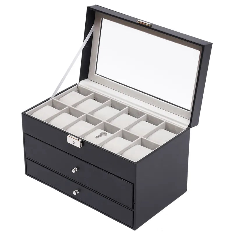 12 Compartments Watch Storage Box Jewelry Organizer with Glass Window