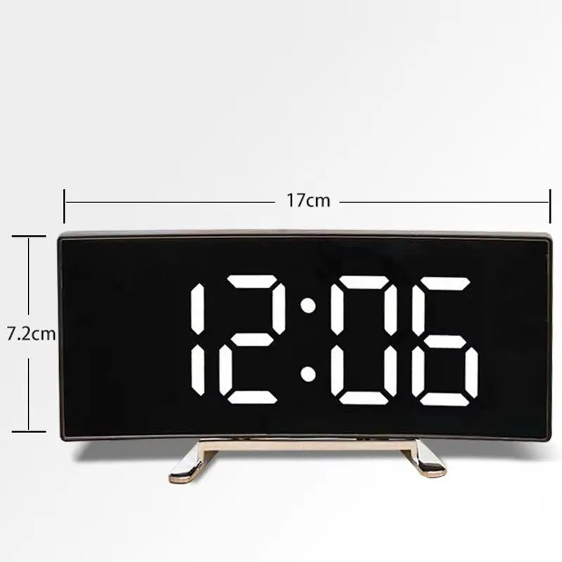 Large Mirror LED Alarm Clock with Silent Operation - Modern Curved Design, Desktop Clock for Living Room & Bedroom