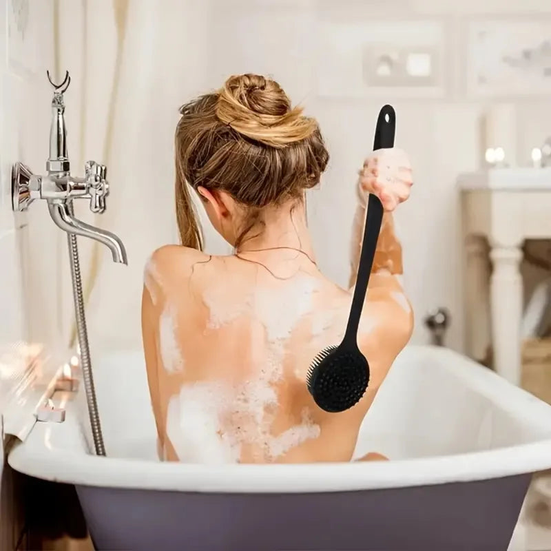 Dual-Sided Silicone Bath Brush Set with Long Handle for Exfoliating & Massage