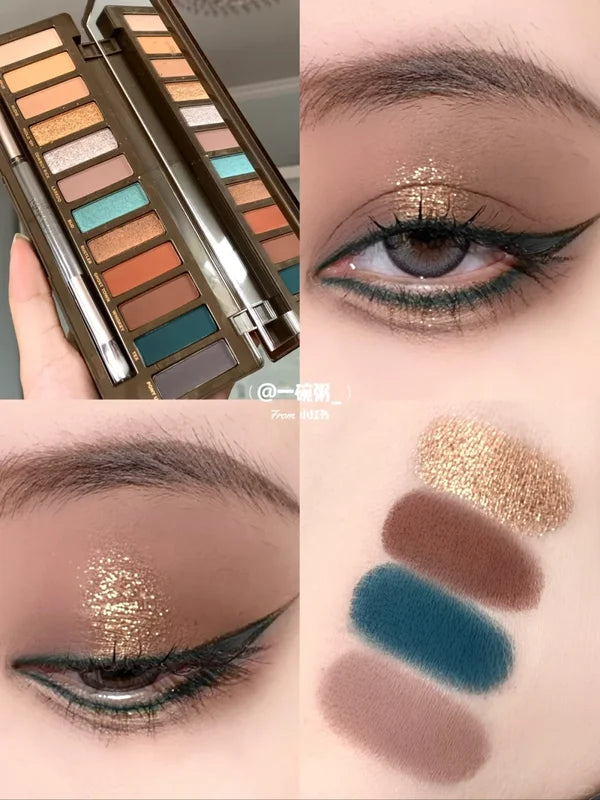 12-Color Eyeshadow Palette with 8 Makeup Brushes - Smoky & Warm Tones, Long Wear