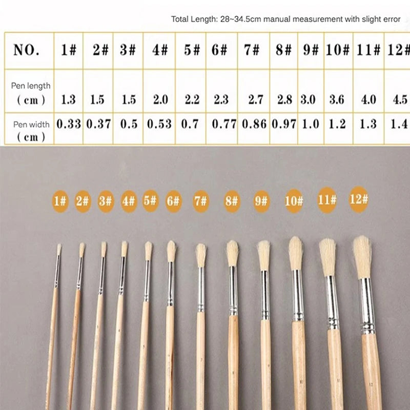 12Pcs Oil & Acrylic Art Brushes Set - Round Pig Bristle Hair with Long Wooden Handles